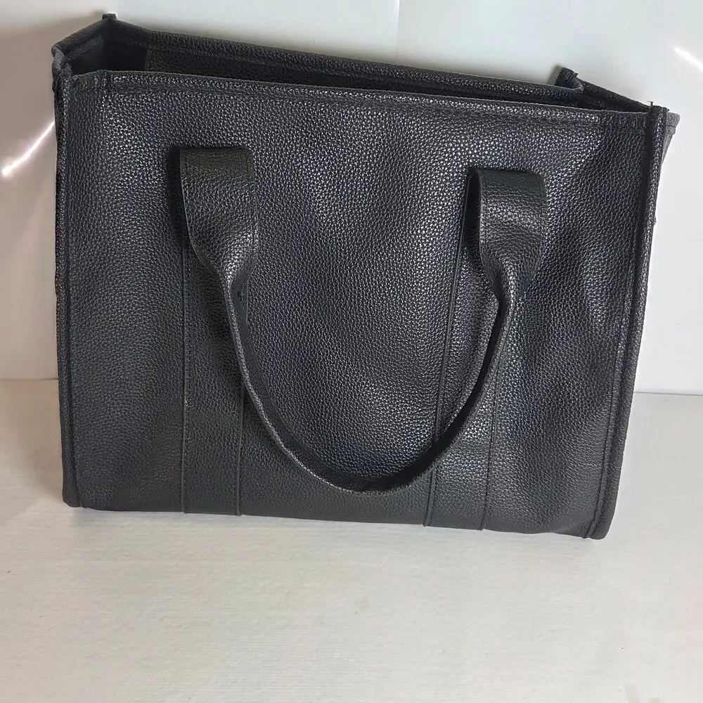 The Tote Bag Black Pebbled Faux Leather Shoulder Bag Medium Top Handle Purse - Picture 2 of 4